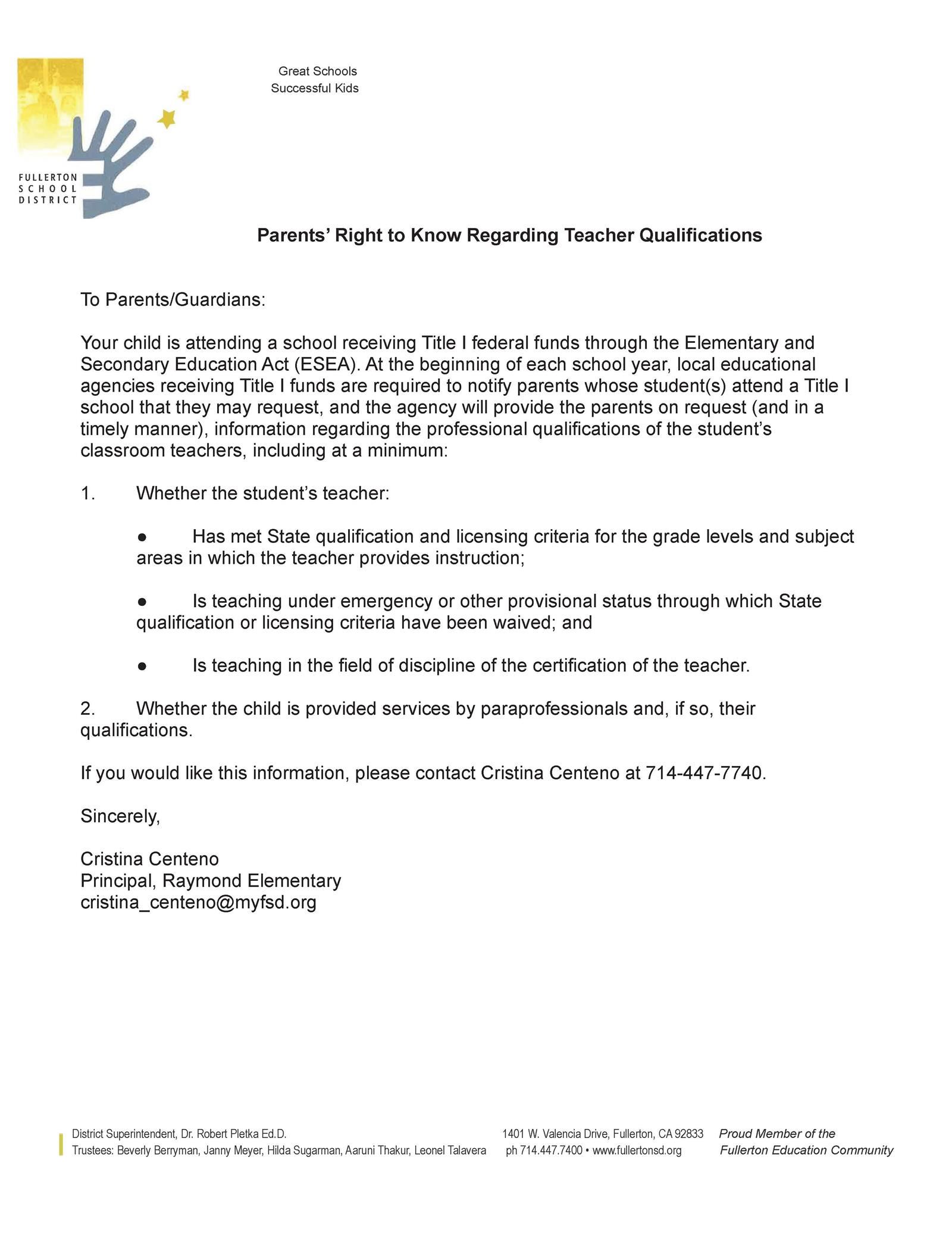  Raymond Title 1 Teacher Qualifications Letter